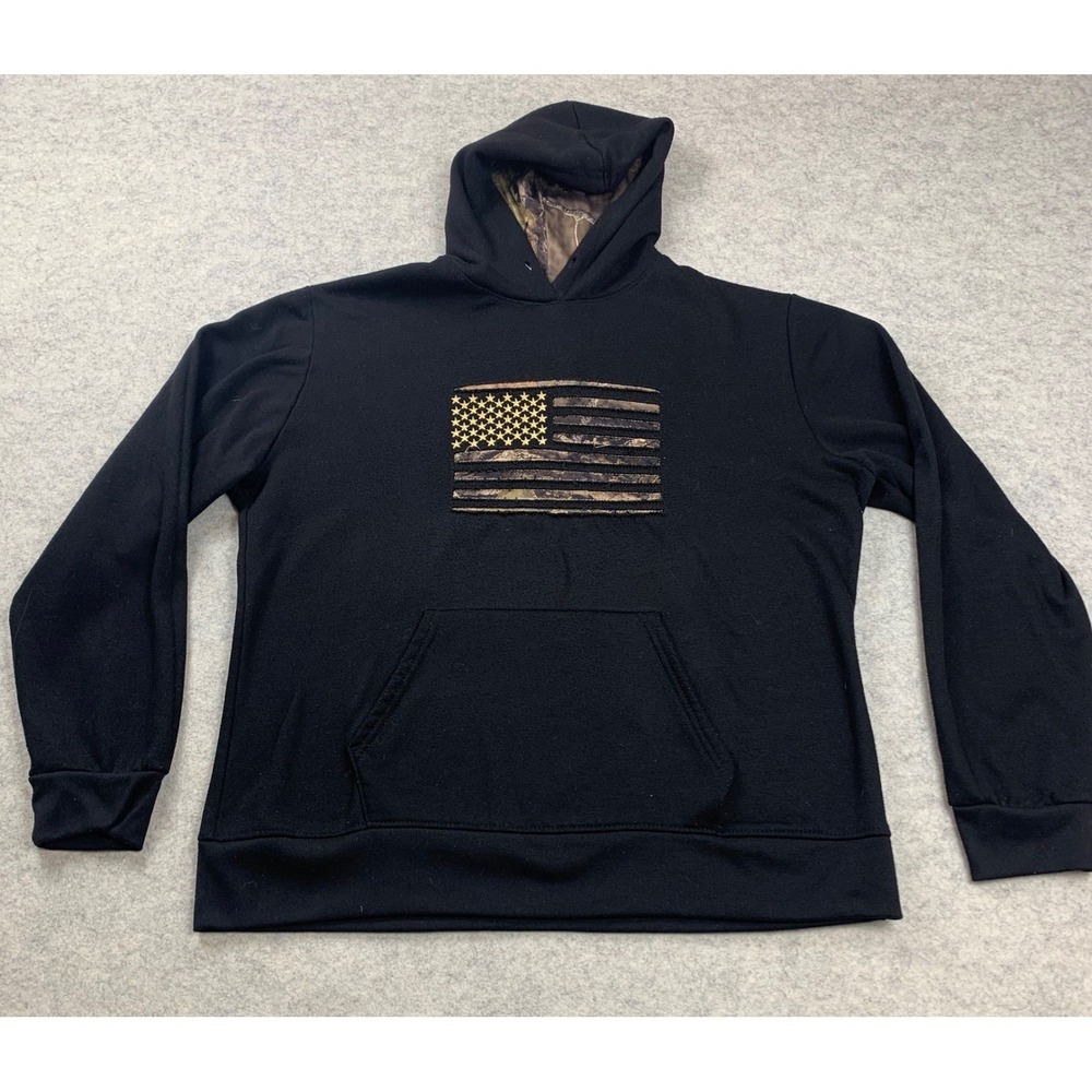 Mossy Oak Hoodie Mens Large Black‎ Camo American Flag Fleece Pullover Sweatshirt